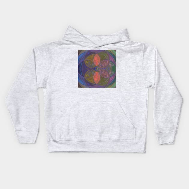 Mosaic Kaleidoscope Flower Yellow Pink and Purple Kids Hoodie by WormholeOrbital